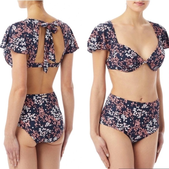 NWT Michael Kors Cap Sleeve Underwire Bikini Top in Scattered Blooms Print sz L - Picture 6 of 16
